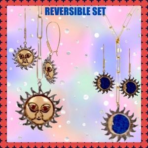 💘2-N-1 REVERSIBLE CELESTIAL SUN HOOK Y-NECKLACE & EARRINGS BLUE